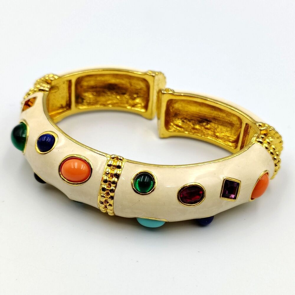 Vintage Kenneth Jay Lane KJL Gold Tone Cream Enamel Rhinestone Cuff Bracelet 7"